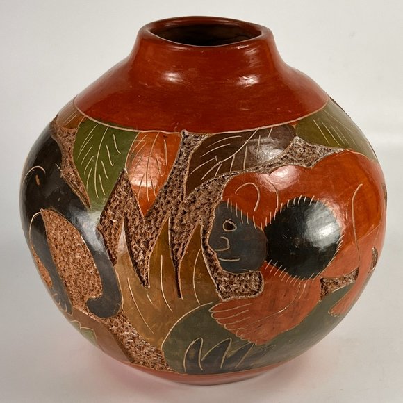 Nicaragua Monkey Vase Clay Pottery Carved Incised Folk Art Rustic 5" - Picture 3 of 16